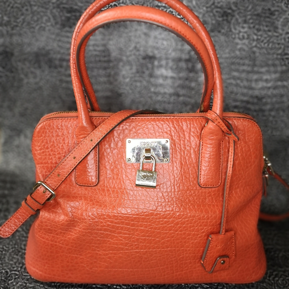 DKNY Orange Leather Dome  /  Satchel with Crossbody Strap